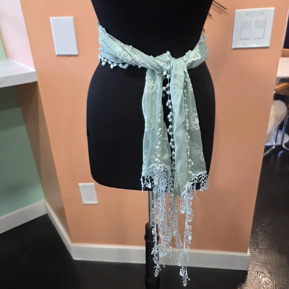 Hippie Scarf Bohemian Mint Vintage Y2K Light Blue Lace Boho Chic Festival